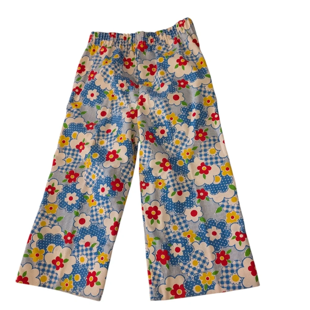70s Vintage Girls Groovy Daisy Floral Print‎ Flare Pants & Matching Top Set Rare